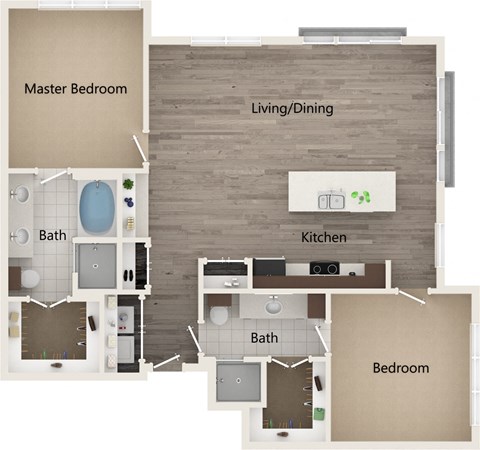 Floor plan for 2 beds, 2 baths, 1355 sqft